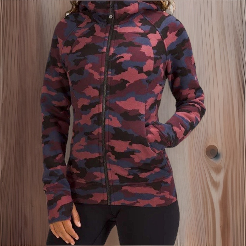 Women's Lululemon Scuba Jacket Deep‎ Red Heritage 365 Camo Full Zip Sz 16 W4BQDS